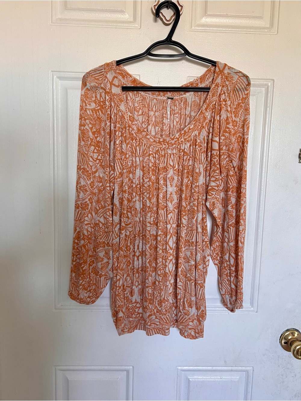 Free People | Boho Orange & White Printed Peasant Blouse